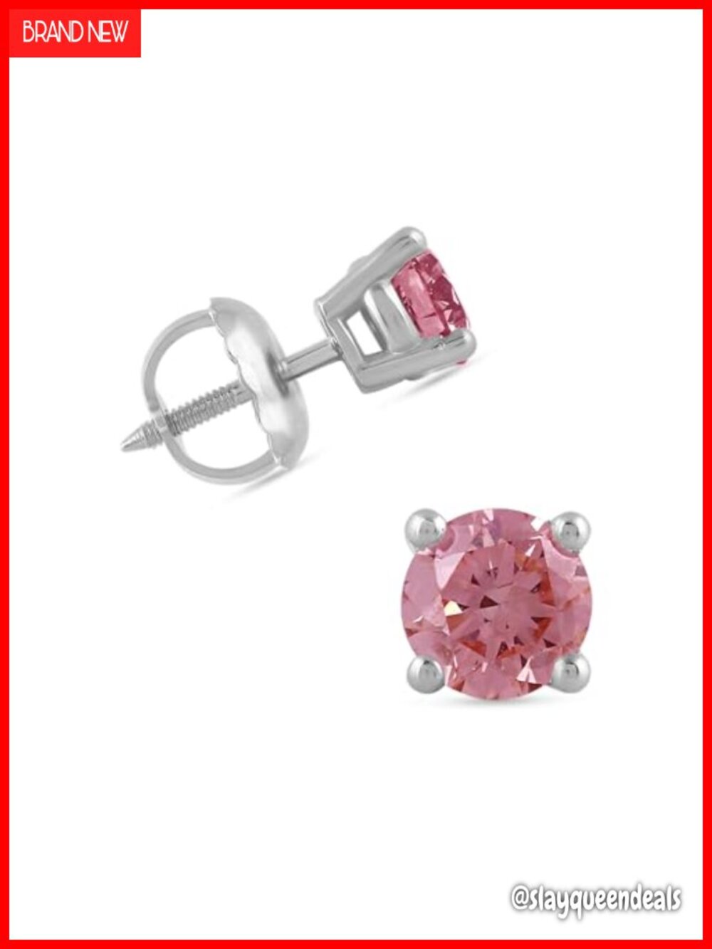 14K White Gold Pink Lab Grown Diamond Stud Earrings Screw Back